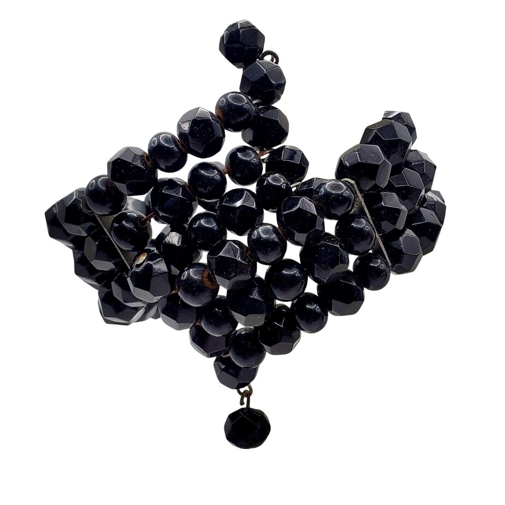 Black Glass Jet Beaded Wire Wrap Bracelet Faceted Coil Gothic Deco Statement Vtg